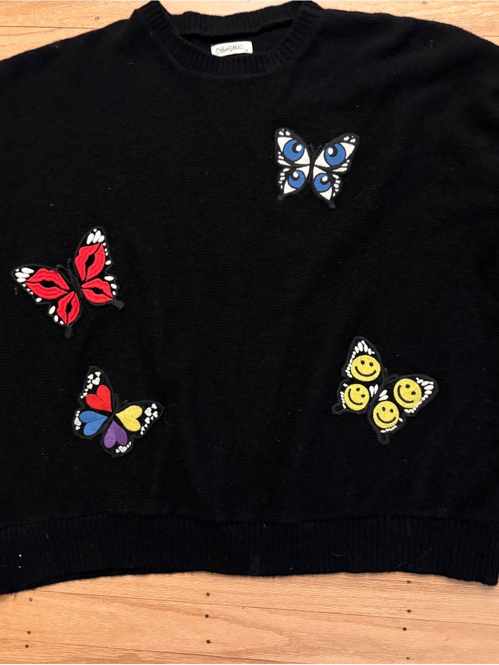 Lauren Moshi Black Sweater with Colorful Butterfly Patches